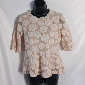 Hazel Cream Crewneck Short Sleeve Lacy Peplum Blouse - S